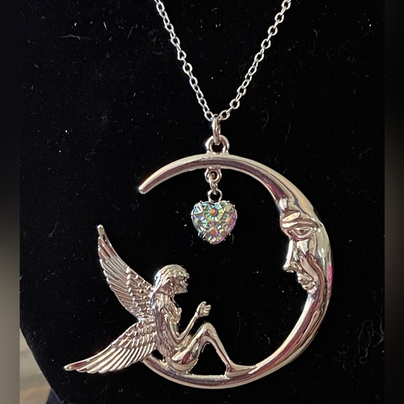 Artisan Jewelry - Fairy on the Moon Sparkle Glitter Heart Charm Pendant Silver tone Boho Necklace
